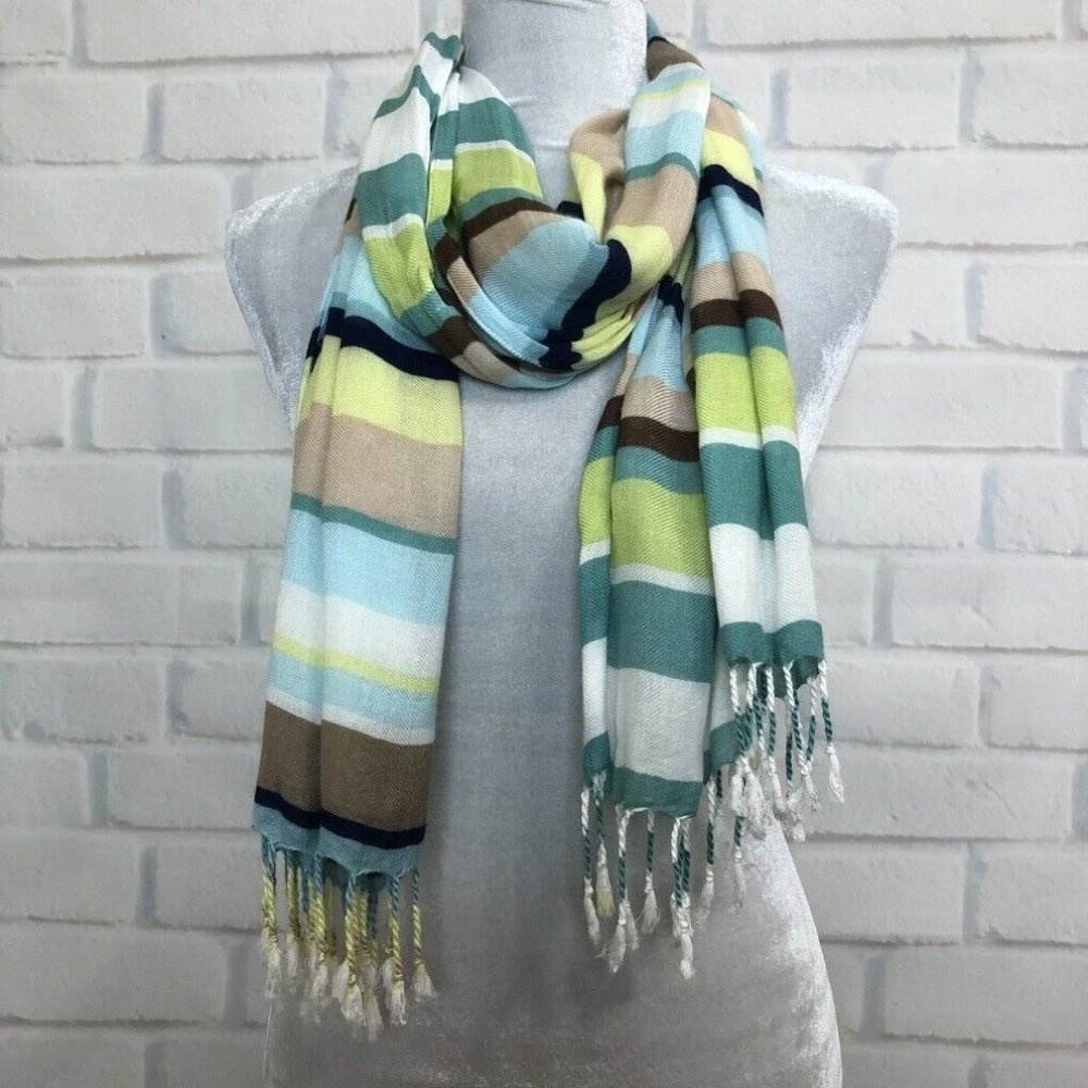 Coldwater Creek Blue Striped Fringe Scarf 22 x 67 - Picture 1 of 4
